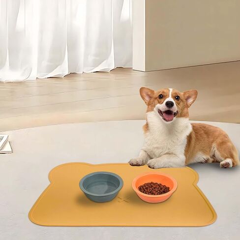 Silicone Waterproof Dog Cat Pet Feeding Mats,Anti Slip Pet Bowl Mats, BPA Free Silicone Pete Feeding Mat Bear Pattern 16In x 12In(Brick red) in Saudi Arabia