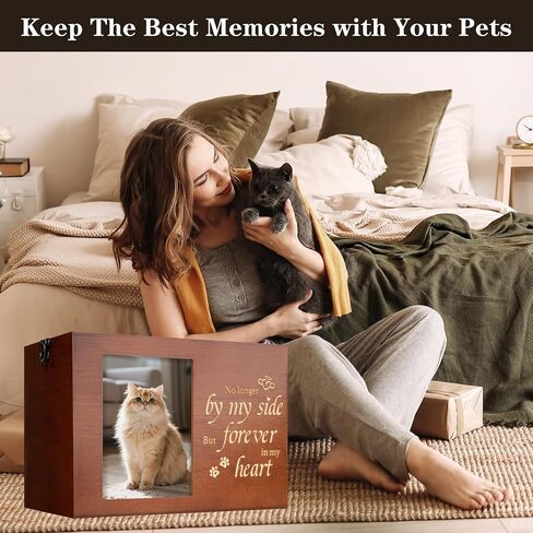 Pet Urns for Cats or Dogs Ashes with Photo Frame, Wooden Memory Box for Keepsakes with Black Flannel as Lining, Cat Memorials Cremation Urns for Ashes(Brown Medium) in Saudi Arabia