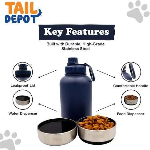 زجاجة مياه محمولة للكلاب من Tail Depot للوجبات الخفيفة، زجاجات مياه للحيوانات الأليفة للجرو مع حاوية طعام، موزع للحيوانات الأليفة مانع للتسرب للقطط والحيوانات الصغيرة وإكسسوارات هدايا الكلاب للمشي والمشي لمسافات طويلة (1 لتر) in Kuwait