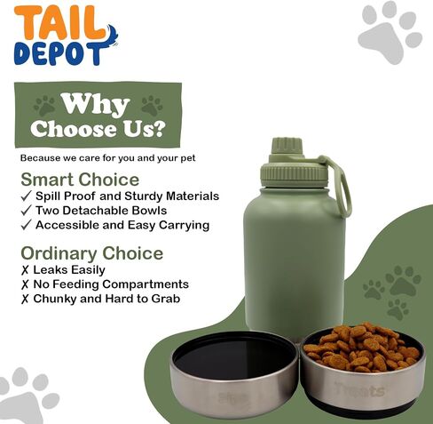 زجاجة مياه محمولة للكلاب من Tail Depot للوجبات الخفيفة، زجاجات مياه للحيوانات الأليفة للجرو مع حاوية طعام، موزع للحيوانات الأليفة مانع للتسرب للقطط والحيوانات الصغيرة وإكسسوارات هدايا الكلاب للمشي والمشي لمسافات طويلة (1 لتر) in Kuwait