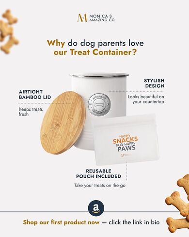 حاوية علاج الكلاب بغطاء محكم من الخيزران - وعاء علاج الكلاب من الصفيح المتين - علبة مزخرفة أنيقة للكونترتوب - تتضمن حقيبة للوجبات الخفيفة قابلة لإعادة الاستخدام in Saudi Arabia