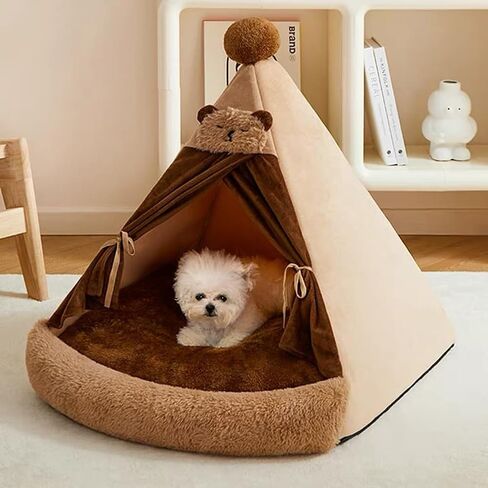 Cat Tent Bed Dog House with Thick Cushion, Winter Warm Pet Teepee Tent House for Cats & Small Dogs (Brown, L (23.6x23.6 inch)) in Saudi Arabia