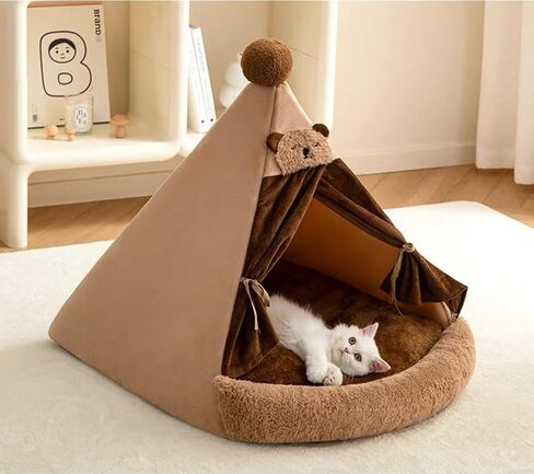 Cat Tent Bed Dog House with Thick Cushion, Winter Warm Pet Teepee Tent House for Cats & Small Dogs (Brown, L (23.6x23.6 inch)) in Saudi Arabia