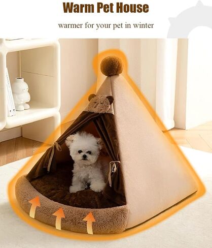 Cat Tent Bed Dog House with Thick Cushion, Winter Warm Pet Teepee Tent House for Cats & Small Dogs (Brown, L (23.6x23.6 inch)) in Saudi Arabia