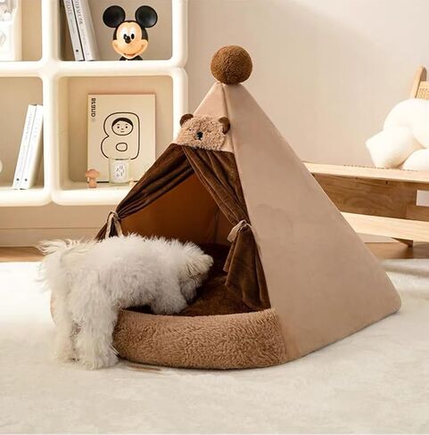 Cat Tent Bed Dog House with Thick Cushion, Winter Warm Pet Teepee Tent House for Cats & Small Dogs (Brown, L (23.6x23.6 inch)) in Saudi Arabia