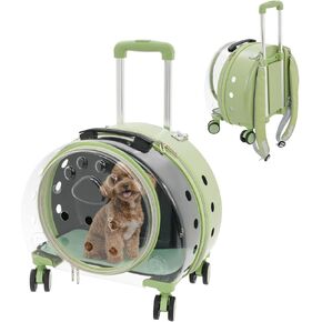 Transparent & Fully Breathable Hard Cat Carrier, Adjust Height Clear Cat Carrier with Wheels Portable Rolling Pet Carrier 3-Stage Telescopic Rod for Weight Within 19.84 Lbs (Clear+Green) in Saudi Arabia
