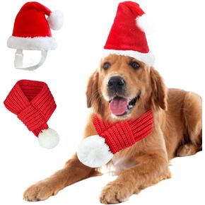 ANIAC Dog Christmas Hat and Scarf Set 2 PCS Adjustable Pet Santa Outfit Fall Winter Red Knitted Scarf with White Pompom Christmas Pet Costume Accessories for Medium Large Dog (Red Hat+Scarf, Large) in Saudi Arabia