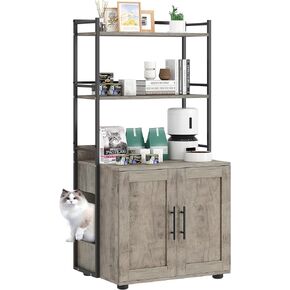 Cat Litter Box Enclosure, 2-in-1 Cat Litter Box Furniture Hidden with 2 Tier Storage Shelves and Doors, Modern Indoor Cat House, Wooden Cat Washroom Furniture for Most Litter Box, Gray in Kuwait