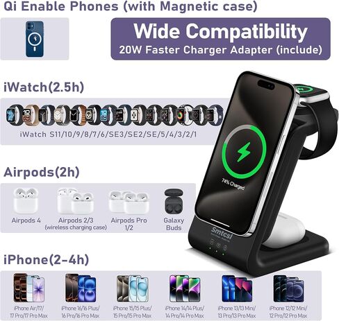 Smtcsl 3 in 1 Wireless Charging Station: 10000mAh Removable Power Bank Charger Stand for Phone/Watch/Air Pods - Portable Magnetic Battery Pack for Air 17 16 15 14 13 12 Series in Kuwait