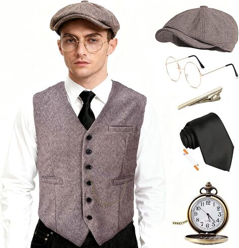 EFORLED Halloween 1920s Mens Costume Accessories Set,Great Gatsby Clothing,Roaring 20s Pocket Watch,Mafia Mobster Hat in Kuwait