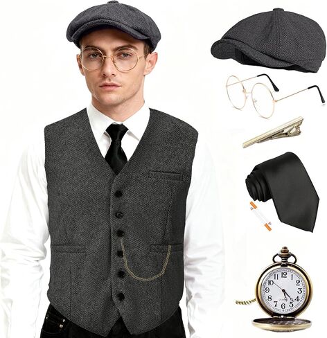 مجموعة إكسسوارات أزياء رجالي EFORLED Halloween 1920s، ملابس غاتسبي العظيم، ساعة جيب طافوا 20 ثانية، قبعة مافيا موبستر in Saudi Arabia
