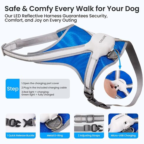 Light Up Dog Harness, Reflective Adjustable Dog Vest, No Pull Illuminated LED Harness for Dogs Night Walking Hiking Running, Waterproof,Lightweight(Large, Blue) in Saudi Arabia