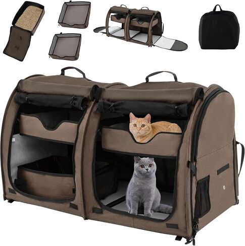 Giantex 40 Inch Cat Carrier with Double Compartments, Travel Litter Box, 2 Removable Hammocks and Mats, Portable Cat House Pet Kennel Dog Crate with Carry Bag for Car Trip Camping (Brown) in Saudi Arabia