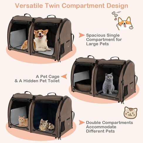 Giantex 40 Inch Cat Carrier with Double Compartments, Travel Litter Box, 2 Removable Hammocks and Mats, Portable Cat House Pet Kennel Dog Crate with Carry Bag for Car Trip Camping (Brown) in Saudi Arabia