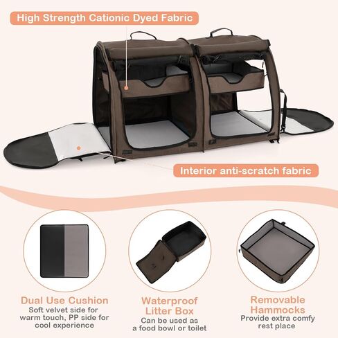 Giantex 40 Inch Cat Carrier with Double Compartments, Travel Litter Box, 2 Removable Hammocks and Mats, Portable Cat House Pet Kennel Dog Crate with Carry Bag for Car Trip Camping (Brown) in Saudi Arabia