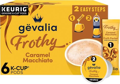 جيفاليا فروثي خطوتين بنكهة اصطناعية كراميل ماكياتو إسبريسو على طراز K-Cup مجموعة كبسولات القهوة وحزم الرغوة، صندوق 6 قيراط in Saudi Arabia