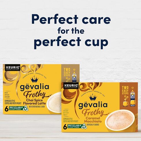 جيفاليا فروثي خطوتين بنكهة اصطناعية كراميل ماكياتو إسبريسو على طراز K-Cup مجموعة كبسولات القهوة وحزم الرغوة، صندوق 6 قيراط in Saudi Arabia