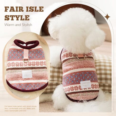 سترة معطف للكلاب من Fair Isle للكلاب الصغيرة، ملابس كلب للأولاد والبنات مبطنة بالصوف الشتوي مع حلقة على شكل حرف D، سترة مريحة بنمط ندفة الثلج في الشمال لملابس الجراء والقطط الأليفة في الطقس البارد (أحمر، صغير) in Kuwait