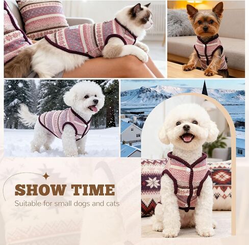 سترة معطف للكلاب من Fair Isle للكلاب الصغيرة، ملابس كلب للأولاد والبنات مبطنة بالصوف الشتوي مع حلقة على شكل حرف D، سترة مريحة بنمط ندفة الثلج في الشمال لملابس الجراء والقطط الأليفة في الطقس البارد (أحمر، صغير) in Kuwait