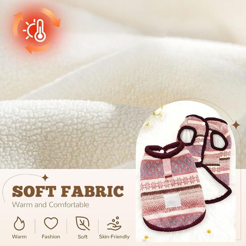 سترة معطف للكلاب من Fair Isle للكلاب الصغيرة، ملابس كلب للأولاد والبنات مبطنة بالصوف الشتوي مع حلقة على شكل حرف D، سترة مريحة بنمط ندفة الثلج في الشمال لملابس الجراء والقطط الأليفة في الطقس البارد (أحمر، صغير) in Kuwait