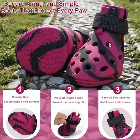 Dog Shoes for Hot Pavement and Snow, Silicone Dog Booties for Small Medium Large Dogs, Waterproof Paw Protectors- Non-Slip, Adjustable Straps, Dog Boots for Beach/Rain/Hiking (Black Pink, L) in Saudi Arabia