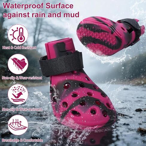 Dog Shoes for Hot Pavement and Snow, Silicone Dog Booties for Small Medium Large Dogs, Waterproof Paw Protectors- Non-Slip, Adjustable Straps, Dog Boots for Beach/Rain/Hiking (Black Pink, L) in Saudi Arabia
