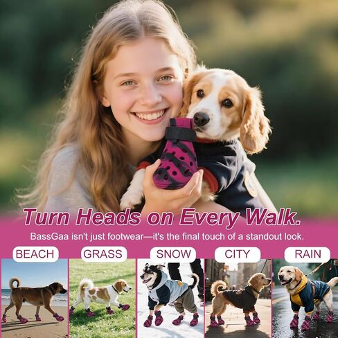 Dog Shoes for Hot Pavement and Snow, Silicone Dog Booties for Small Medium Large Dogs, Waterproof Paw Protectors- Non-Slip, Adjustable Straps, Dog Boots for Beach/Rain/Hiking (Black Pink, L) in Saudi Arabia