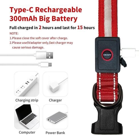 LED Dog Collar Light Up with 2025 Bright Beads & 300mAh Battery, Type-C Rechargeable Waterproof Dog Collar, 3 Flash Mode 15H for Night Safety, Adjustable Nylon Glow Collar for Small Medium Large Dogs in Saudi Arabia