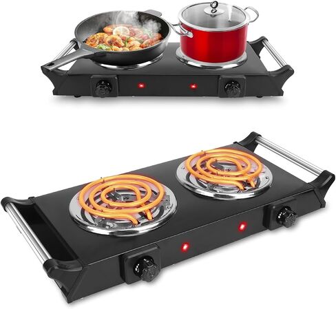 Hot Plate for Countertop, 2000W Portable Electric Double Burner, Coil Heating Stove Hot Plate Electric with Handles, 5 Temperature Adjustments for Home RV Camping Use in Saudi Arabia