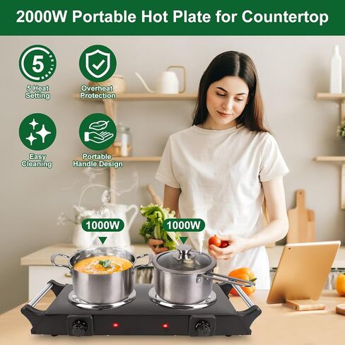 Hot Plate for Countertop, 2000W Portable Electric Double Burner, Coil Heating Stove Hot Plate Electric with Handles, 5 Temperature Adjustments for Home RV Camping Use in Saudi Arabia