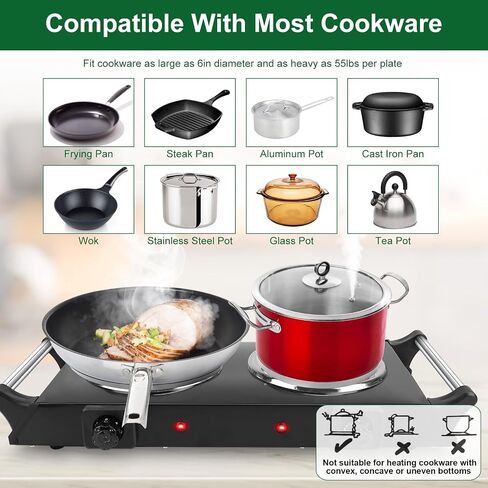 Hot Plate for Countertop, 2000W Portable Electric Double Burner, Coil Heating Stove Hot Plate Electric with Handles, 5 Temperature Adjustments for Home RV Camping Use in Saudi Arabia