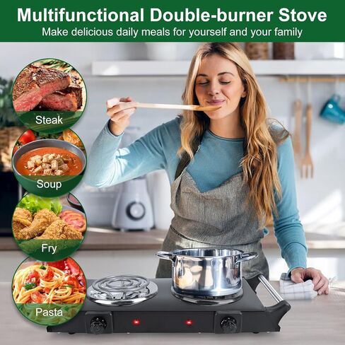 Hot Plate for Countertop, 2000W Portable Electric Double Burner, Coil Heating Stove Hot Plate Electric with Handles, 5 Temperature Adjustments for Home RV Camping Use in Saudi Arabia