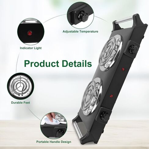 Hot Plate for Countertop, 2000W Portable Electric Double Burner, Coil Heating Stove Hot Plate Electric with Handles, 5 Temperature Adjustments for Home RV Camping Use in Saudi Arabia