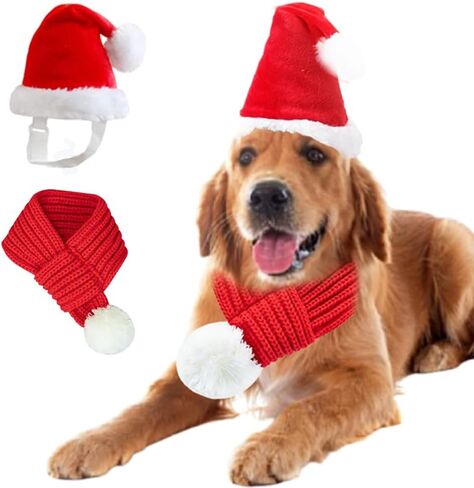 ANIAC Dog Christmas Hat and Scarf Set 2 PCS Adjustable Pet Santa Outfit Fall Winter Red Knitted Scarf with White Pompom Christmas Pet Costume Accessories for Medium Large Dog (Red Hat+Scarf, Large) in Saudi Arabia