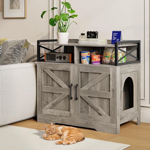 55" Cat Litter Box Enclosure, Double Litter Box Cabinet with Cat Bed, PVC Pad and Scratch Pad, Hidden Litter Box Furniture for 2 Cats with Storage and 2 Entrances, White in Saudi Arabia