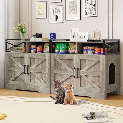 55" Cat Litter Box Enclosure, Double Litter Box Cabinet with Cat Bed, PVC Pad and Scratch Pad, Hidden Litter Box Furniture for 2 Cats with Storage and 2 Entrances, White in Saudi Arabia