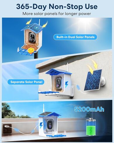 وحدة تغذية الطيور الذكية ثلاثية الطاقة الشمسية مع الكاميرا - كاميرا مراقبة الطيور اللاسلكية بدقة 3 ميجابكسل UHD للأماكن الخارجية مع تحديد أنواع الطيور بالذكاء الاصطناعي وسعة البذور 2 لتر، هدية مثالية لمحبي الطيور والأمهات والآباء in Kuwait