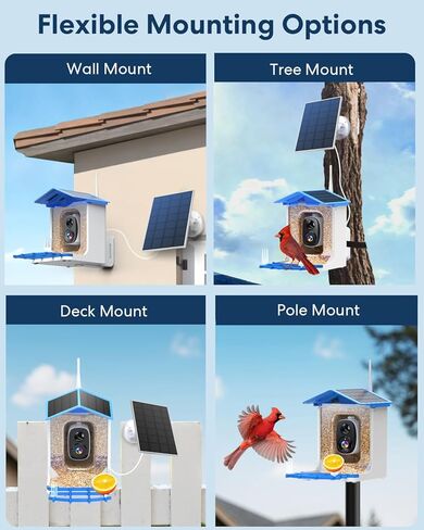 وحدة تغذية الطيور الذكية ثلاثية الطاقة الشمسية مع الكاميرا - كاميرا مراقبة الطيور اللاسلكية بدقة 3 ميجابكسل UHD للأماكن الخارجية مع تحديد أنواع الطيور بالذكاء الاصطناعي وسعة البذور 2 لتر، هدية مثالية لمحبي الطيور والأمهات والآباء in Kuwait