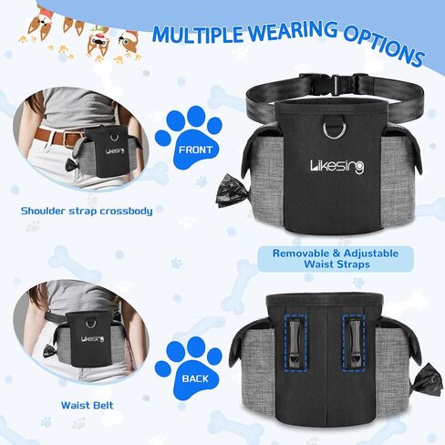 Dog Training Pouch with 2 Cup Silicone Bag, Dog Treat Pouches for Pet Training with Clicker, Adjustable Belt, Poop Bags roll, 2 Ways Wear, for Outdoor Walks, Training, and Travel in Saudi Arabia