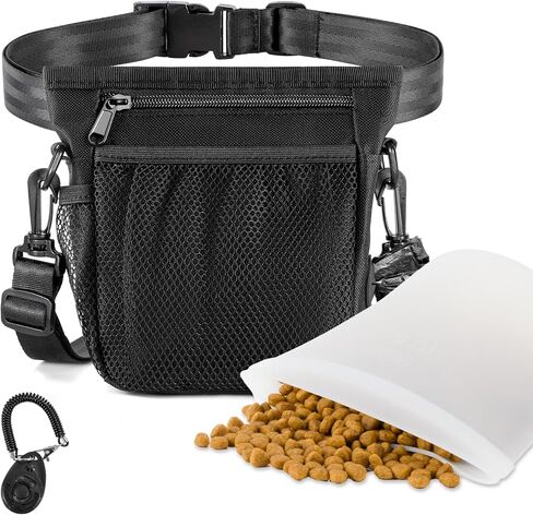 Dog Training Pouch with 2 Cup Silicone Bag, Dog Treat Pouches for Pet Training with Clicker, Adjustable Belt, Poop Bags roll, 2 Ways Wear, for Outdoor Walks, Training, and Travel in Saudi Arabia