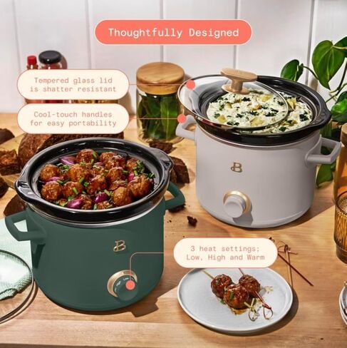 طباخ يدوي بطيء جميل سعة 2 لتر، عبوتين، أخضر زعتر، رمادي داكن بورسيني in Kuwait