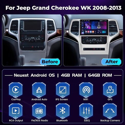 [8 Core 6+128GB] Hikity Android 15 Car Stereo لجيب Grand Cherokee 2008-2013 مع Carplay Wireless Android Auto ، 9 '' '‘' Radio GPS 5G WiFi Mirror Link Bluetooth 32EQ/DSP SWC camle in Saudi Arabia