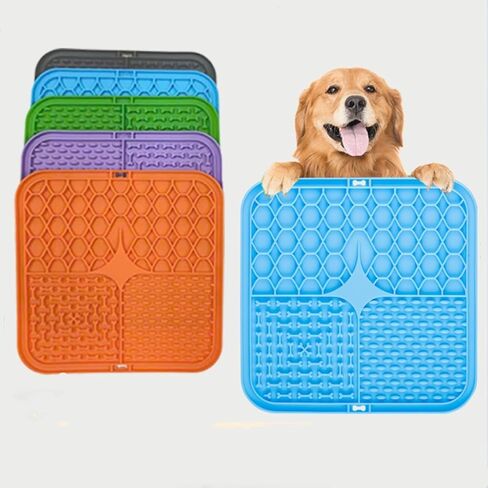 Square Dog Licking Mat - 6.1" Diameter Interactive Silicone Puzzle Feeder for Dogs,Striped&Grid Pattern, Slow Feeder & Treat Dispenser, BPA-Free, Freezable, with Suction Cup Base Blue in Saudi Arabia