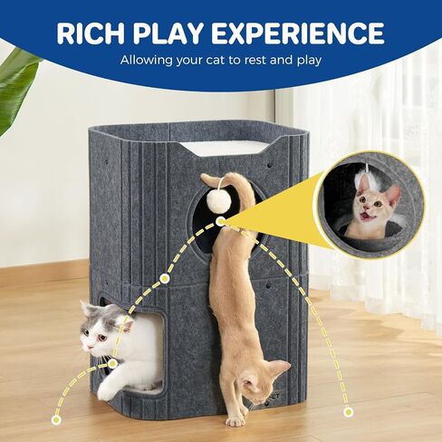Cat House for Indoor Cats, 2-Storey Cat Bed Cave, Felt Cat Hideaway Condo with Resistant Scratching Freedom Kitten Cube for Multicats Dark Grey in Saudi Arabia