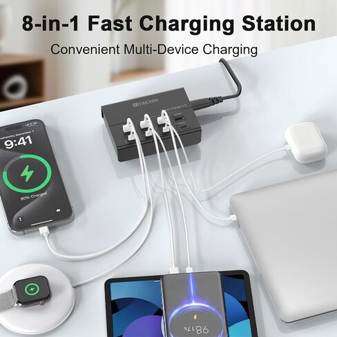 USB Charger with USB C PD20W and USB A QC18W, HITRENDS 60W PD Fast Charging Station, 5ft 8-Port Multiple Desktop Multi Port USB Charging Hub Compatible with iPad iPhone 17/16/15/14, Galaxy S24/S23/S22 in Kuwait
