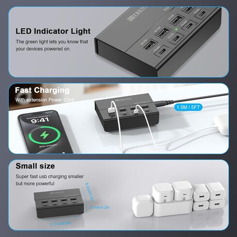 USB Charger with USB C PD20W and USB A QC18W, HITRENDS 60W PD Fast Charging Station, 5ft 8-Port Multiple Desktop Multi Port USB Charging Hub Compatible with iPad iPhone 17/16/15/14, Galaxy S24/S23/S22 in Kuwait