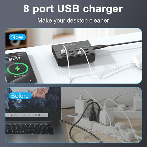 USB Charger with USB C PD20W and USB A QC18W, HITRENDS 60W PD Fast Charging Station, 5ft 8-Port Multiple Desktop Multi Port USB Charging Hub Compatible with iPad iPhone 17/16/15/14, Galaxy S24/S23/S22 in Kuwait