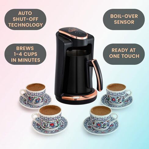 Any Morning Turkish & Greek Coffee Maker-Machine, 1 to 4 Cups Capacity, 100% BPA Free, 400W Electric Coffee Pot with Cook Sense Technology, Anti-Spill Design, Authentic Foamy Brew, Black in Kuwait