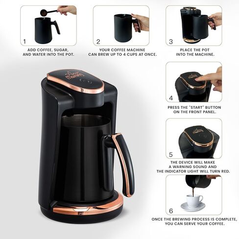 Any Morning Turkish & Greek Coffee Maker-Machine, 1 to 4 Cups Capacity, 100% BPA Free, 400W Electric Coffee Pot with Cook Sense Technology, Anti-Spill Design, Authentic Foamy Brew, Black in Kuwait