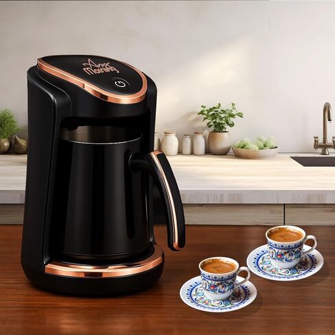 Any Morning Turkish & Greek Coffee Maker-Machine, 1 to 4 Cups Capacity, 100% BPA Free, 400W Electric Coffee Pot with Cook Sense Technology, Anti-Spill Design, Authentic Foamy Brew, Black in Kuwait